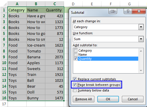 The Subtotal dialog box with Page break between groups option checked