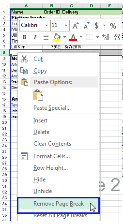 Context menu showing the Remove Page Break option selected after right clicking a cell