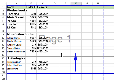 Mouse cursor dragging a blue page break line to a new position in the spreadsheet