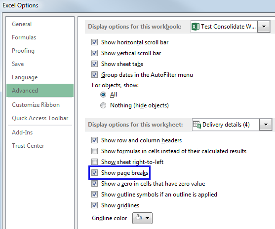Excel Options window specifically the Advanced tab focusing on Show page breaks checkbox