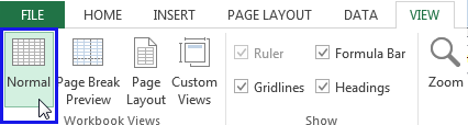 Ribbon toolbar showing the Normal view button selected in the Workbook Views group