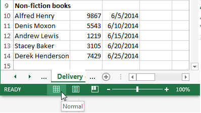 Status bar highlighting the Normal view icon located next to the zoom slider
