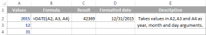Excel spreadsheet demonstrating cell references for the DATE function