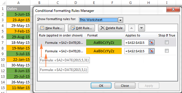 Conditional formatting rules applied to a date list