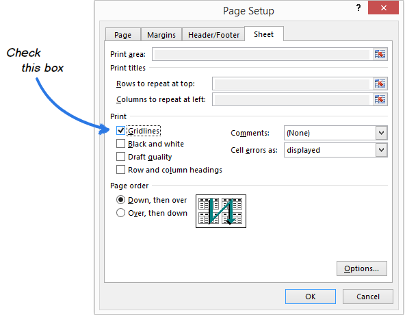 Tích chọn Gridlines trong hộp thoại Page Setup để in lưới trong Excel