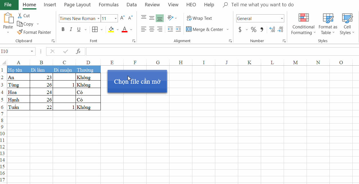 Ví dụ mở tệp tin bằng VBA