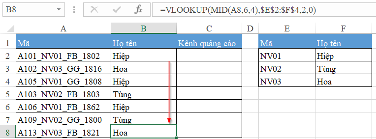Kết quả sau khi sao chép công thức