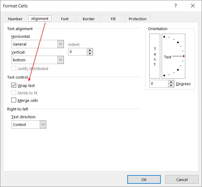 The Format Cells dialog box showing the Wrap text checkbox selected