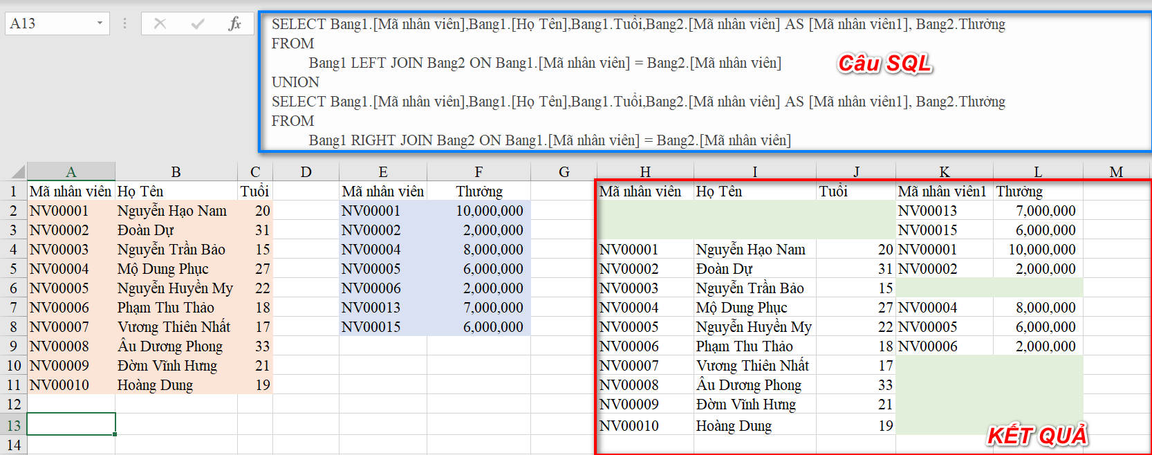 Nối Dữ Liệu Trong Excel Với SQL: Hướng Dẫn Chi Tiết Ví dụ FULL OUTER JOIN