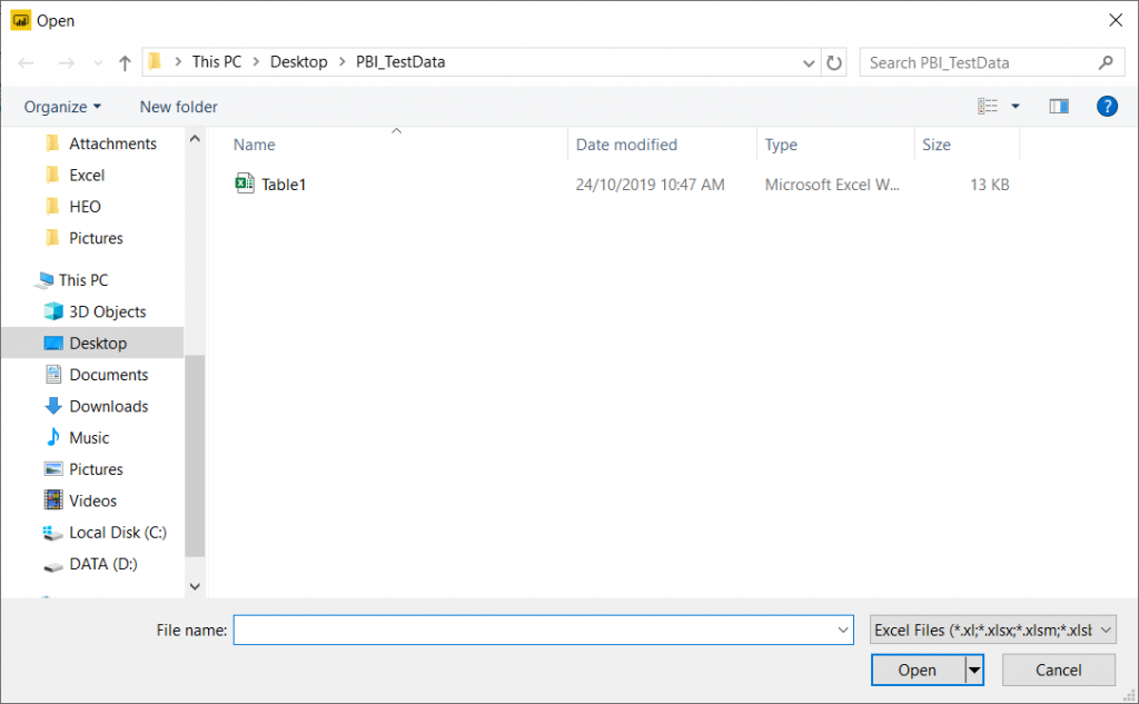 Giao diện chọn file Excel để nhập vào Power BI