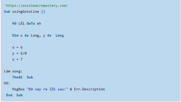 Ví dụ sử dụng On Error Goto Nhãn
