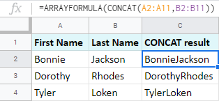 Nối cột với CONCAT và ARRAYFORMULA