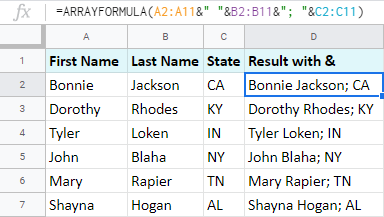 Nối cột với toán tử & và ARRAYFORMULA