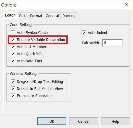 VBA Editor Options menu enabling variable declaration