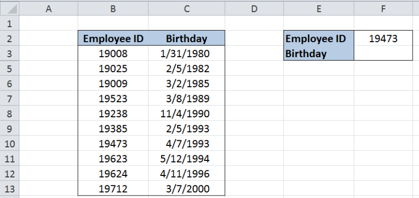 Ví dụ hàm VLOOKUP: Tra cứu ngày sinh của nhân viên