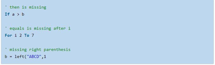 Ví dụ khác về lỗi cú pháp trong VBA