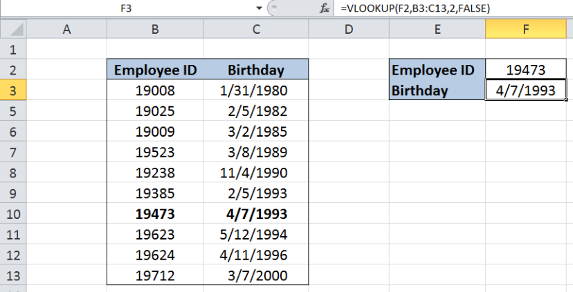 Ví dụ hàm VLOOKUP để lấy ngày sinh của nhân viên