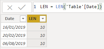 Ví dụ hàm LEN với dữ liệu ngày tháng trong Power BI