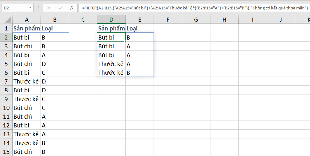 Kết quả lọc dữ liệu với hàm FILTER mở rộng