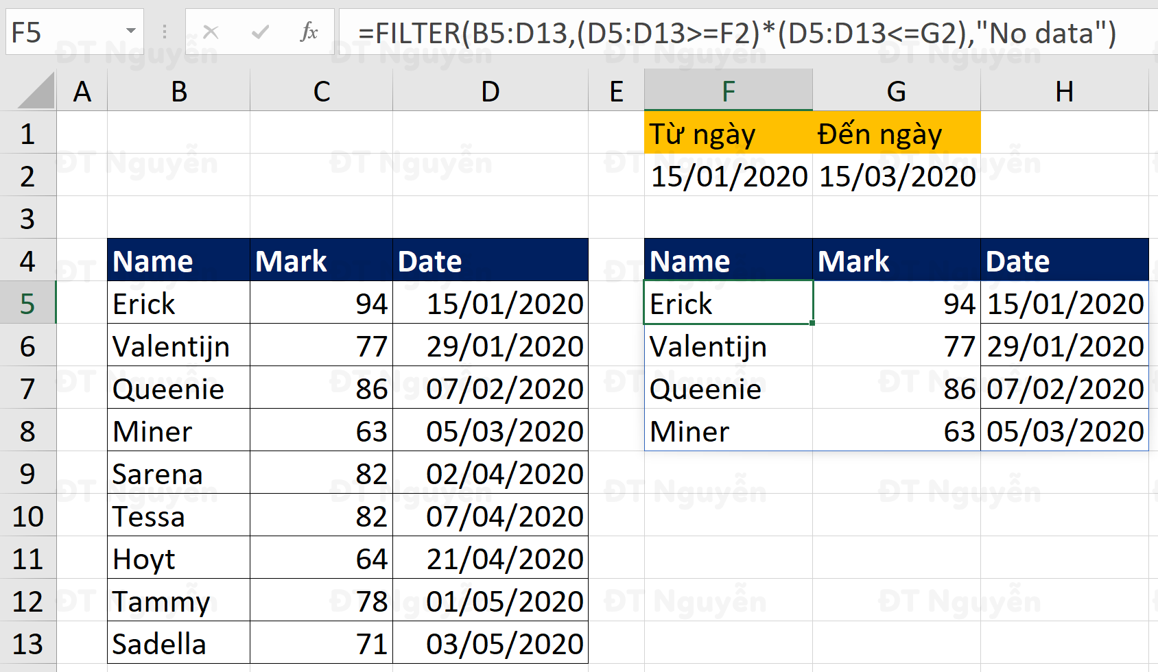 Hàm filter lọc dữ liệu trong khoảng ngày
