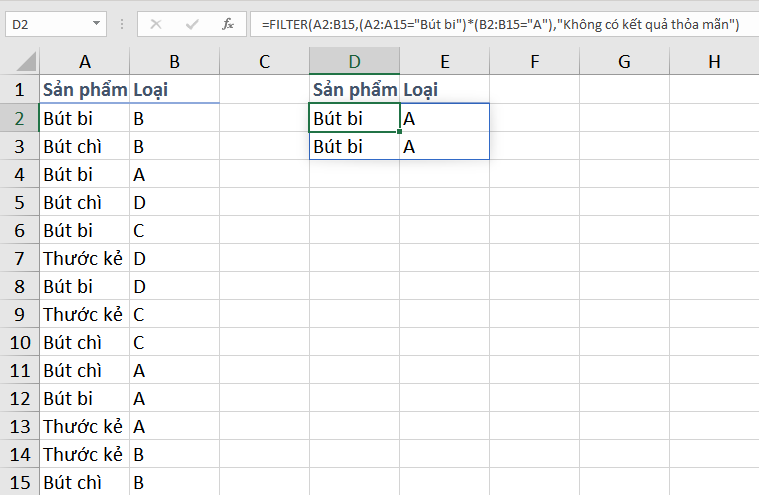 Lọc Dữ Liệu trong Excel với Hàm FILTER Đáp Ứng Nhiều Điều Kiện Kết quả lọc dữ liệu