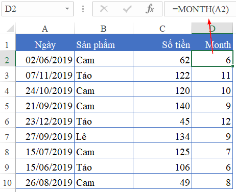 Hàm MONTH trong Excel: Cách Xác Định Tháng Từ Ngày Cột phụ xác định tháng