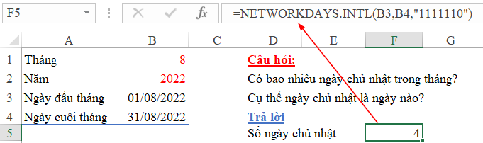 The result of the NETWORKDAYS.INTL formula showing the count of Sundays