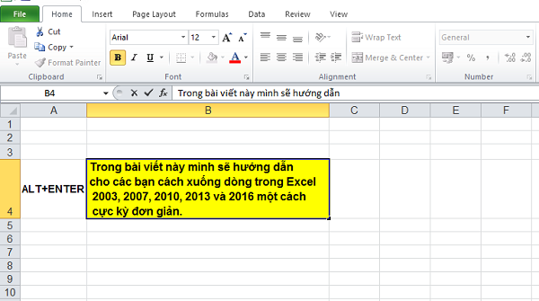 Xuống dòng trong Excel bằng phím tắt Alt + Enter