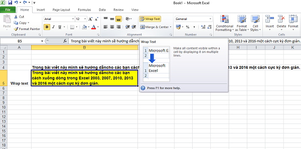 Chọn ô cần xuống dòng trong Excel