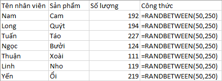 alt text: Ví dụ sử dụng hàm RANDBETWEEN để tạo dữ liệu mẫu trong Excel