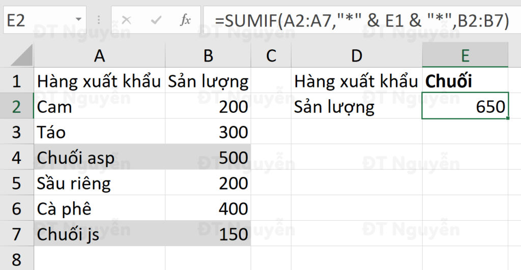 Hướng Dẫn Sử Dụng Hàm SUMIF trong Excel: Tính Tổng Theo Điều Kiện Hàm SUMIF với điều kiện chứa ký tự đại diện