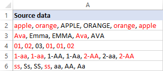 Excel cells showing precise case-sensitive duplicate highlighting
