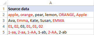 Excel spreadsheet showing cells with duplicate words highlighted in red