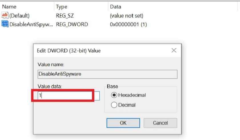 Thay đổi giá trị thành 1 để tắt Windows Defender