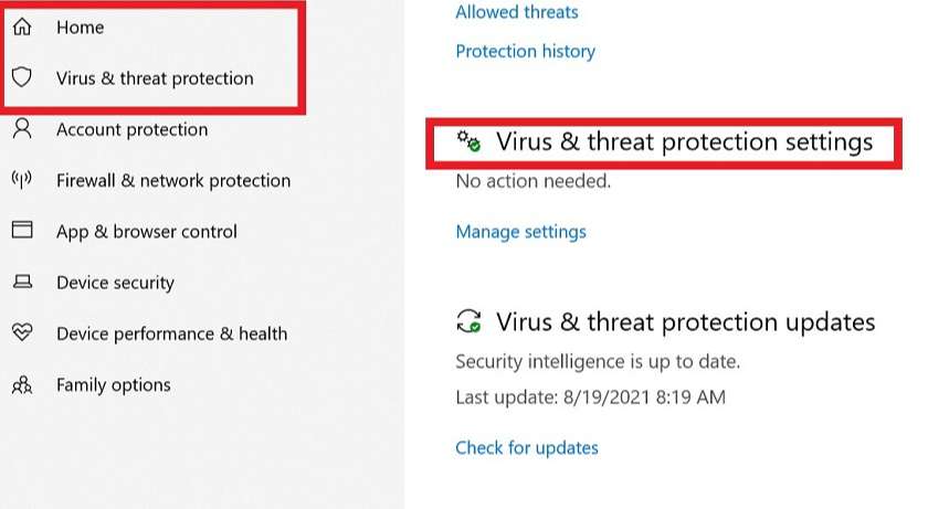 Truy cập cài đặt bảo vệ virus và mối đe dọa