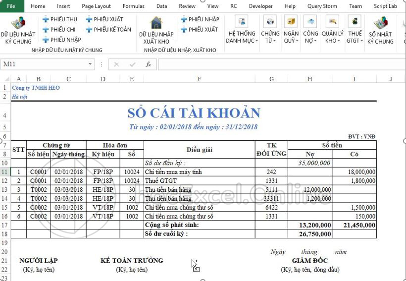 Ví dụ sổ cái tài khoản 111 - Tiền mặt