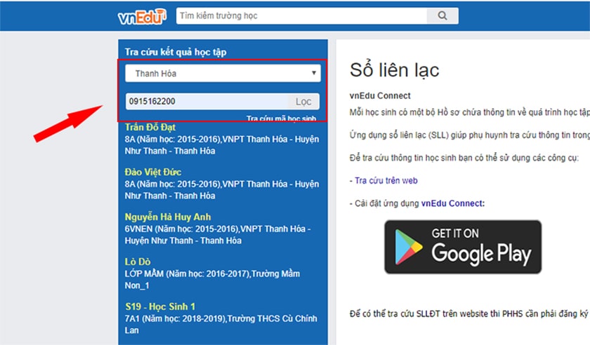 Chọn tỉnh thành và nhập thông tin học sinh