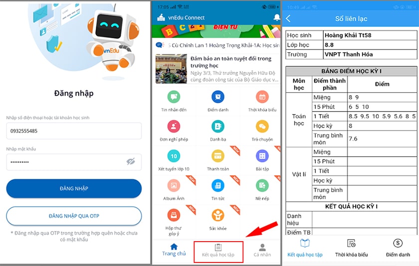 Tra cứu điểm trên ứng dụng VnEdu
