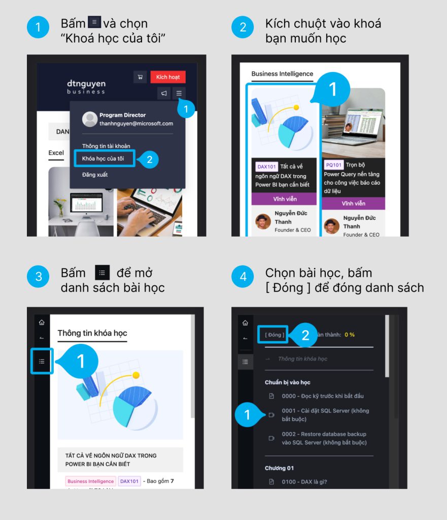 Giao diện học Excel Online trên di động