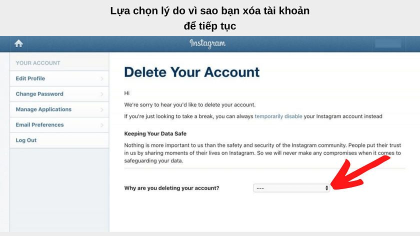 Xóa tài khoản Instagram trên máy tính
