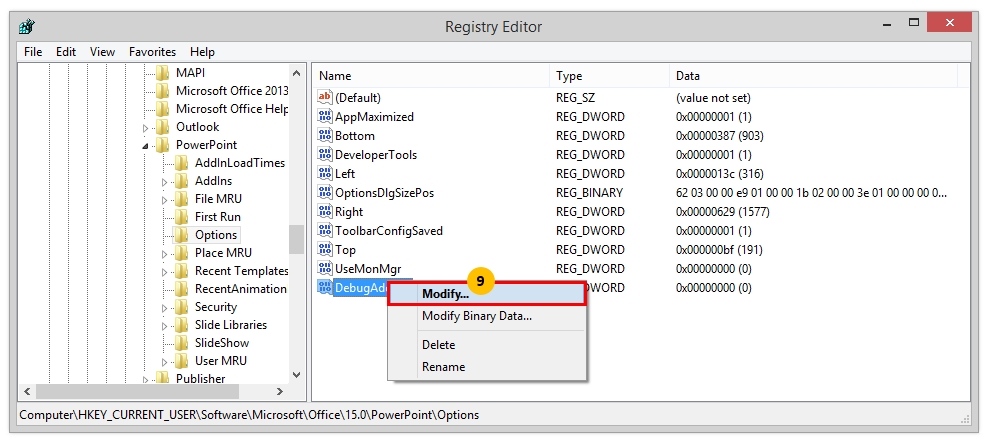 Thiết lập giá trị cho DebugAddins trong Registry Editor
