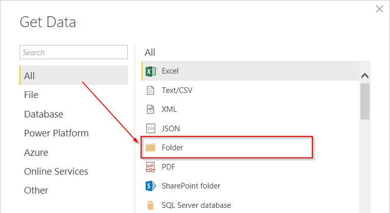 Chọn Folder trong cửa sổ Get Data của Power BI