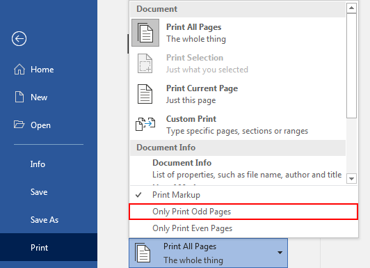Chọn in trang lẻ trong Word