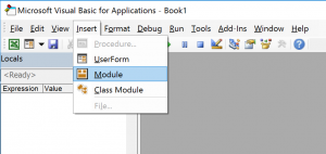 VBA Editor interface showing the Insert menu and Module option