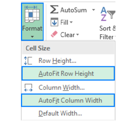 Excel Ribbon menu showing the Format dropdown with AutoFit options highlighted