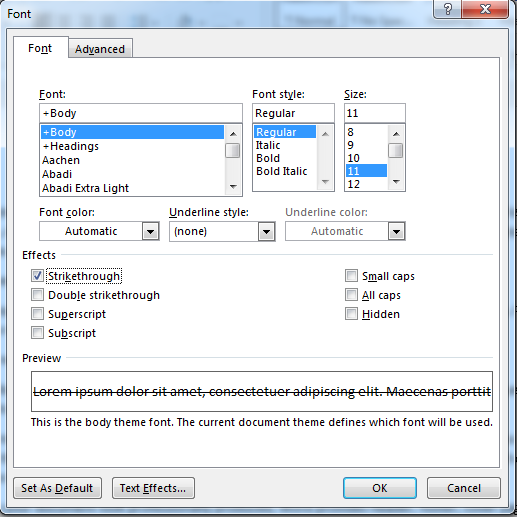 Tích chọn Strikethrough trong hộp thoại Font của Word