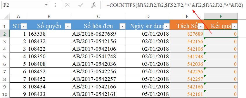 Kiểm Tra Hóa Đơn Viết Sai Thứ Tự Trong Excel Với Hàm COUNTIFS Kết quả kiểm tra với hàm COUNTIFS