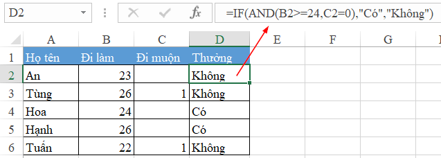 Excel spreadsheet showing the result of the IF and AND formula for bonus calculation