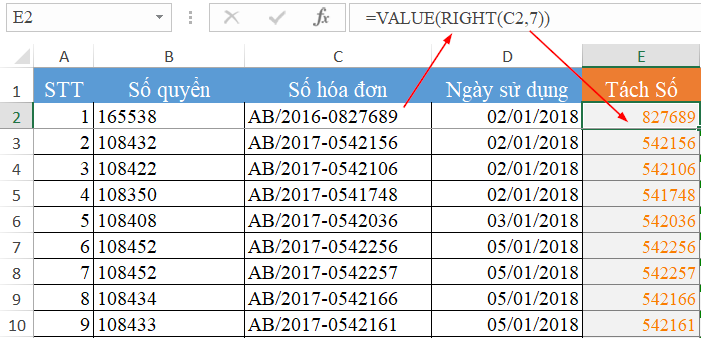 Kiểm Tra Hóa Đơn Viết Sai Thứ Tự Trong Excel Với Hàm COUNTIFS Kết quả tách số hóa đơn