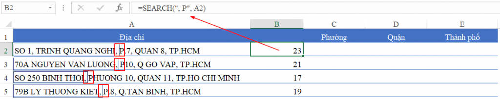 Excel table showing the numerical results returned by the SEARCH function in a helper column